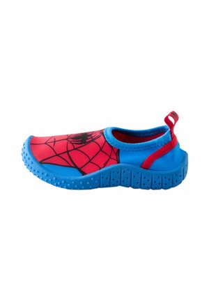 Kinder-Schlupfschuh in Rot und Blau mit Spider-Man-Spinnennetz- und Spinnendesign sowie strukturierter blauer Sohle für besseren Halt.