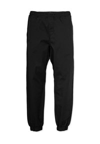 Schwarze Hose aus leichtem Stoff mit einem elastischen Bund und Bündchen. Glatte Textur mit geradem Bein und ohne sichtbare Muster.