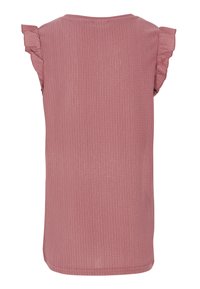 Top senza maniche color rosa polveroso con dettagli arricciati sulle spalle, caratterizzato da un tessuto testurizzato e scollatura rotonda. La vista posteriore mostra una finitura liscia.