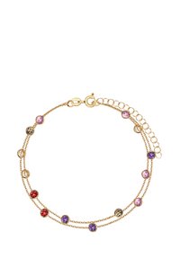 Złota bransoletka łańcuszkowa z dwoma warstwami, ozdobiona okrągłymi, fasetowanymi kamieniami w kolorach fioletowym, czerwonym i przezroczystym, z zapięciem na zatrzask oraz przed łużeniem.