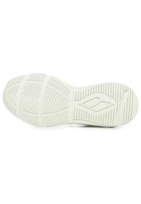 Weißer Sneakersohle mit strukturiertem Gummi für Grip, ausgestattet mit einem Zickzackmuster und einem zentralen Logo-Detail, entwickelt für Traktion und Stabilität.