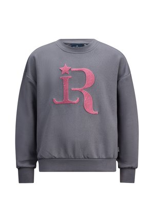 Grijze sweatshirt met lange mouwen, voorzien van een roze geborduurde "R" en sterontwerp op de voorkant. Geribde boorden en zoom.