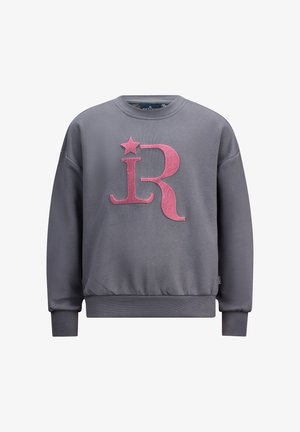 Felpa grigia a maniche lunghe, con un ricamo rosa a forma di "R" e design a stella sulla parte anteriore. Polsini e orlo a costine.