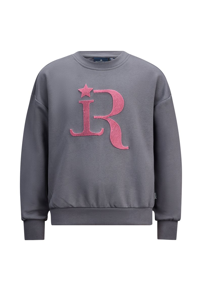 Felpa grigia a maniche lunghe, con un ricamo rosa a forma di "R" e design a stella sulla parte anteriore. Polsini e orlo a costine.