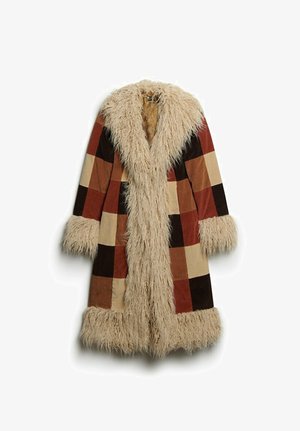 Long coat with a faux fur collar and cuffs, featuring a checkered pattern in brown, rust, and beige. Soft, textured outer material.