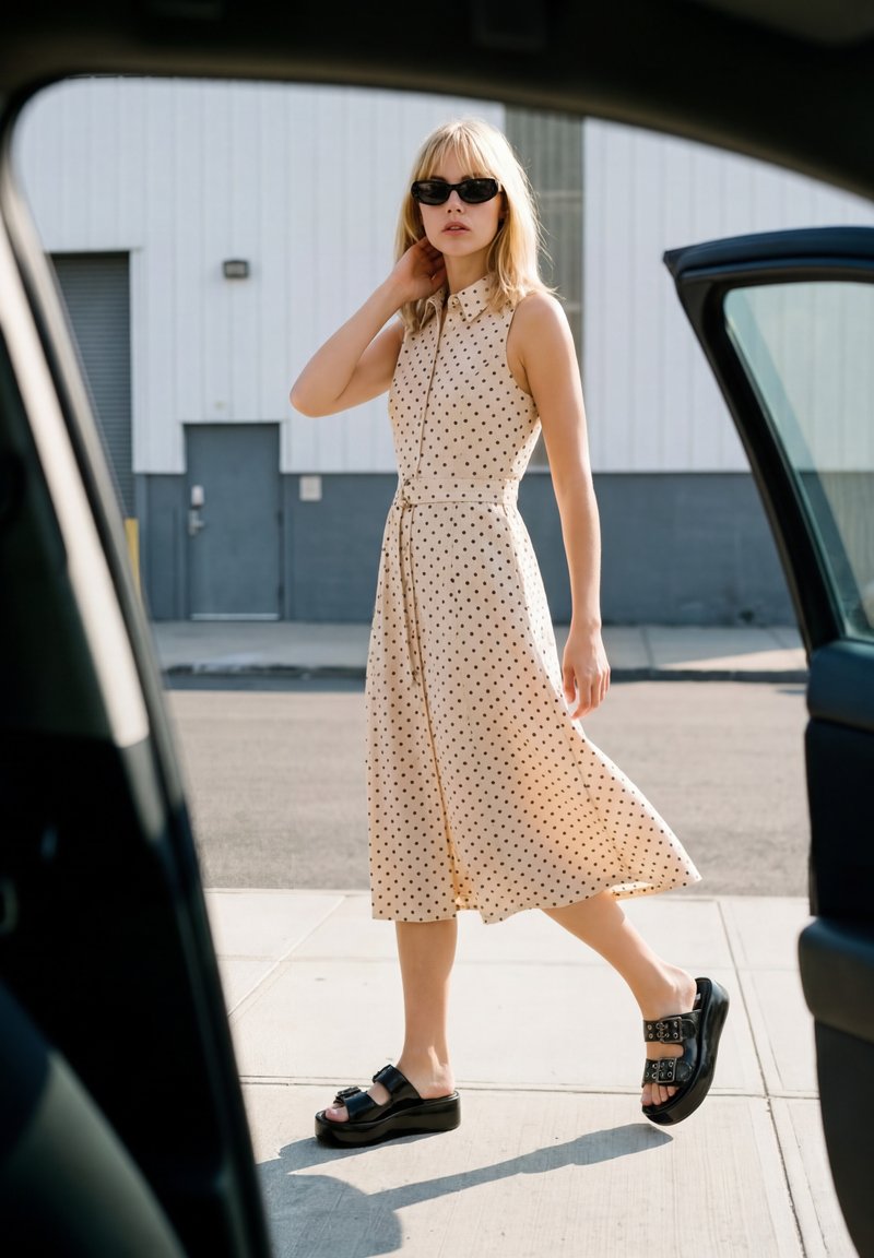 Femme en robe beige à pois sans manches et sandales noires à plateforme marchant devant une portière de voiture ouverte sur un trottoir ensoleillé.