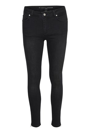 Sorte skinny jeans lavet af denim, med et tætsiddende design, forlommer, lynlås ved anklen, og en middelhøj talje med knaplukning.
