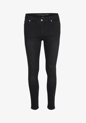 Jeans skinny negri din denim, cu un design ajustat, buzunare frontale, fermoar la gleznă și un talie medie cu închidere prin buton.