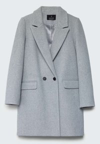 Manteau en laine gris clair à double boutonnage, avec larges revers, deux poches avant à rabat et fermeture par boutons, entièrement doublé à l'intérieur.
