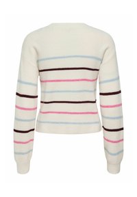 Stripet genser i kremfarge med horisontale linjer i rosa, blått og brunt. Strikket materiale med tekstur, lange ermer og rund hals.