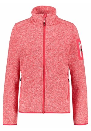 Rot-rosa gesprenkelte Jacke mit Reißverschluss, hohem Kragen und Reißverschlusstaschen vorne und am oberen linken Ärmel.