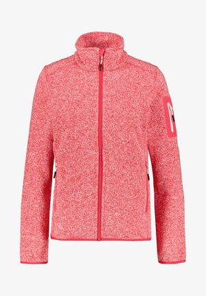 Chaqueta con cremallera, salpicada de rojo y rosa, con cuello alto y bolsillos con cremallera en la parte delantera y en la parte superior de la manga izquierda.