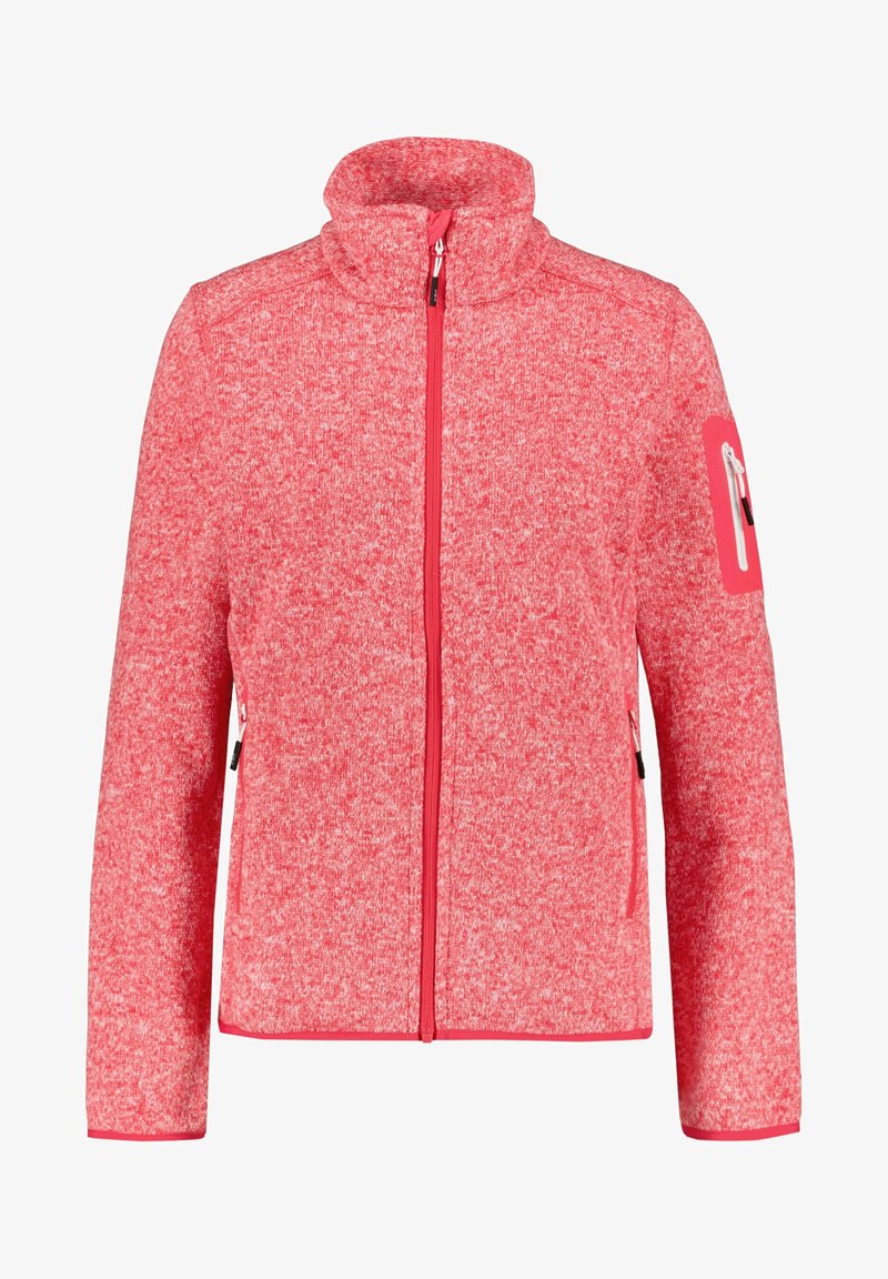 Veste zippée rouge et rose tachetée avec col montant et poches zippées sur le devant et sur la manche gauche supérieure.