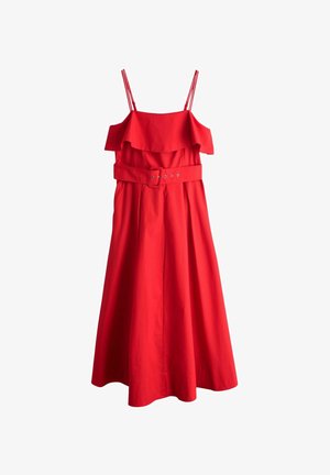 Rochie midi roșie fără mâneci, cu bretele duble subțiri, corset cu volane și curea lată cu cataramă în talie.