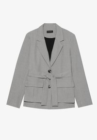 Blazer gris au design structuré, deux poches avant, une ceinture à la taille, et deux boutons à l'avant. Texture lisse, coupe ajustée.