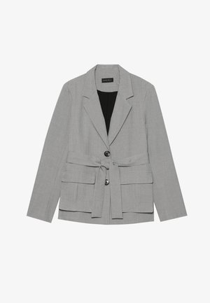 Szürke zakó, strukturált tervezéssel, két elülső zsebbel, derékon övvel, és két gombbal elöl. Sima textúra, testhez álló fazon.