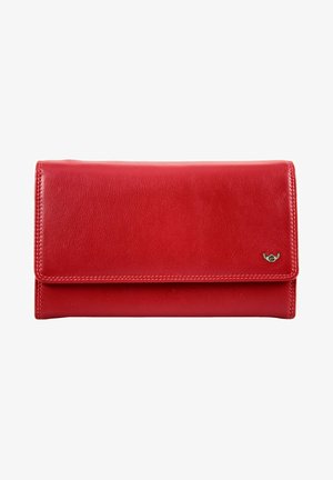 Cartera de cuero rojo con una textura suave, diseño con solapa plegable y un sutil acento en dorado en la parte frontal.
