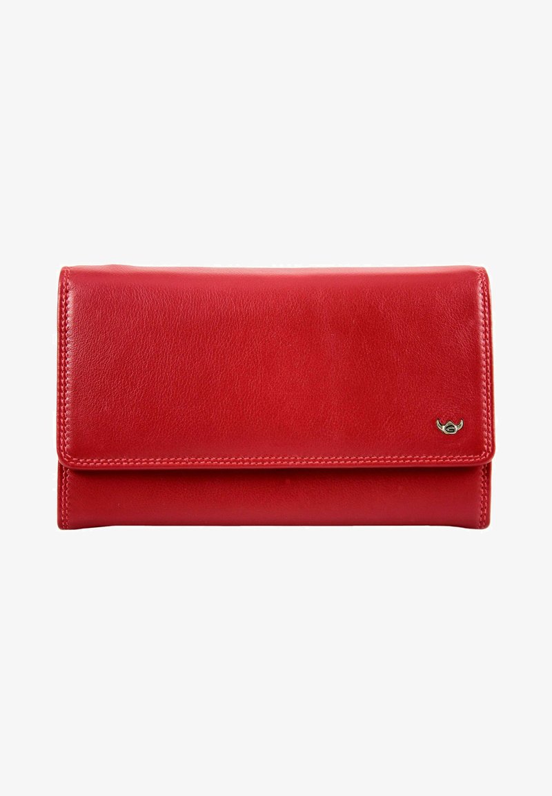 Rood leren portemonnee met een gladde textuur, klap-over ontwerp en subtiele gouden hardware accent aan de voorkant.