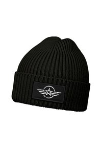 Black knitted beanie with ribbed texture; features a rectangular black patch with a white star and winged design.