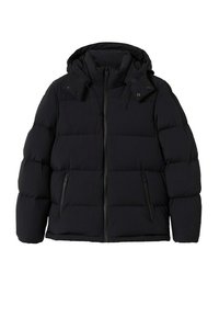 Veste d'hiver noire matelassée avec fermeture éclair à l'avant, deux poches latérales zippées et une capuche attachée avec cordons de serrage réglables.