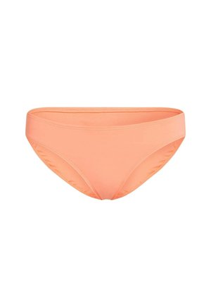 Virsikuvärviga bikiinipõhi, valmistatud siledast, venivast materjalist, millel on madal taljekohas ja minimaalne katvus, puhaste äärtega.