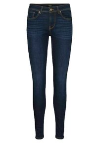 Tmavě modré skinny džíny vyrobené z denimu, vybavené pěti kapsami, zapínáním na knoflík a kontrastním šitím podél švů.