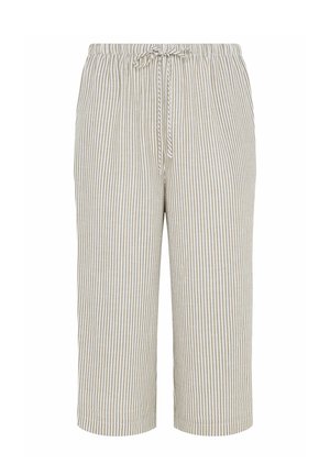 Beige en witte verticale gestreepte cropped broek met elastische tailleband en voorzijde trekkoord.