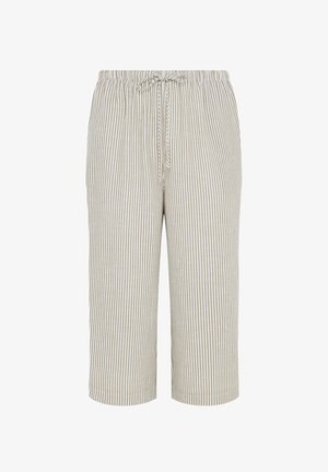 Pantalon court beige et blanc à rayures verticales avec taille élastique et cordon devant.