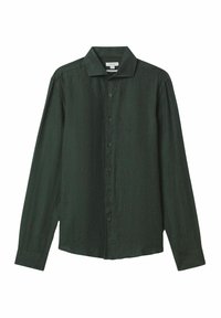 Cămașă lungă din in verde închis, cu guler structurat, butoni frontali și croială lejeră. Textură netedă cu un design minimalist.