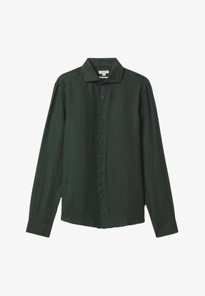 Mørkegrønne linned skjorte med lange ærmer, struktureret krave, frontknapper og en afslappet pasform. Glat tekstur med et minimalistisk design.