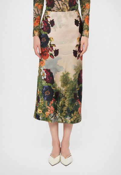 Floral midi skirt in smooth fabric featuring vibrant roses, peonies, and greenery in multiple colors, with a fitted waist and flared hem.