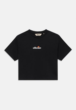 Schwarzes, kurzärmliges, kurz geschnittenes T-Shirt mit rundem Ausschnitt, mit dem weißen und orangefarbenen Ellesse-Logo in der Mitte der Brust.