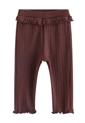 Brune ribstrikkede babyleggings med elastisk talje og flæsekant ved taljen og kanterne, designet for komfort.