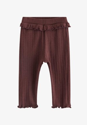 Brune ribstrikkede babyleggings med elastisk talje og flæsekant ved taljen og kanterne, designet for komfort.