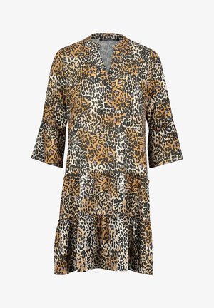 Knælang kjole med leopardprint, trekvartlange klokkeærmer og lagdelt flæsekant i brune, sorte, hvide og lilla toner.
