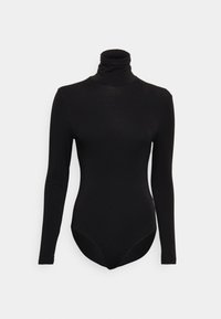 Zwart bodysuit met lange mouwen en col, nauwsluitende pasvorm en naadloos ontwerp tegen een effen witte achtergrond.