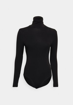 Zwarte langemouwen turtleneck bodysuit gemaakt van rekbare stof, met een aansluitend ontwerp en een hoge halslijn met een gladde textuur.