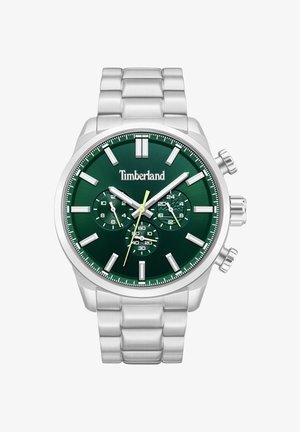 Srebrny metalowy zegarek na nadgarstek z ciemnozieloną tarczą, białymi znacznikami godzin, trzema subtarczami, żółtą wskazówką sekundową oraz logo Timberland na środku.