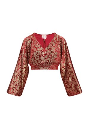 Rød kort bluse med lange, brede ærmer. Har et intrikat guld paisley mønster. V-udskæring og lynlås lukning bagpå.