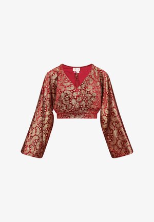 Rode korte blouse met lange, brede mouwen. Heeft een ingewikkeld gouden paisleypatroon. V-hals en een ritssluiting aan de achterkant.