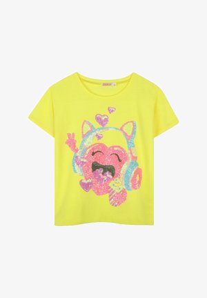 Yellow t-shirt featuring a colorful sequined graphic of a happy character with headphones, hearts, and a cupcake. Short sleeves, round neck.