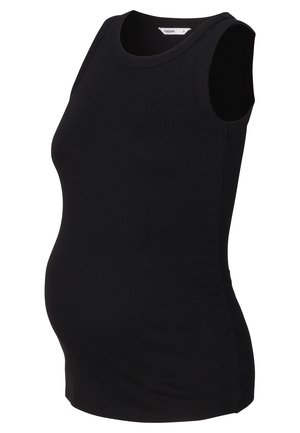 Zwart geribbeld tanktop met een ronde halslijn en zonder mouwen, ontworpen voor een aansluitende pasvorm om een groeiende buik tegemoet te komen.