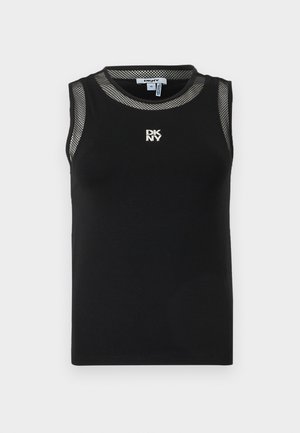 Svart ermeløs topp laget av myk stoff, med en mesh halsringning og armåpninger, og en liten hvit DKNY-logo på fronten.