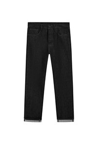 Jeans in denim nero con un design a gamba dritta, caratterizzati da un'usura sottile, due tasche anteriori e risvolti che mostrano uno strato grigio sottostante.
