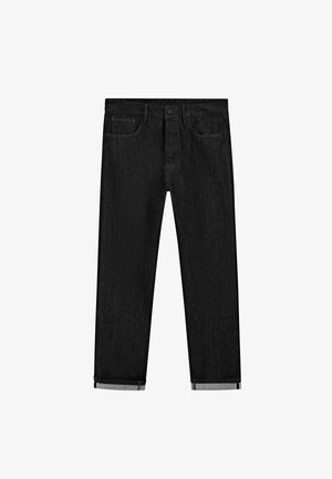 Black denim jeans with a straight-leg design, featuring subtle wear, two front pockets, and folded cuffs revealing a grey underlayer.