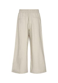 Beige wide-leg pants made of lightweight fabric. Features an elastic waistband and two back pockets. Smooth texture, minimal design.