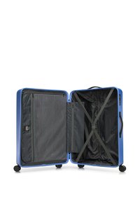 Blue hard-shell suitcase with a zipper, featuring a spacious interior, mesh pocket, and elastic straps for secure packing. Four smooth wheels.