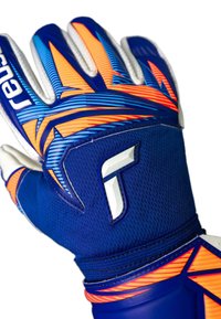 Blue goalkeeper glove with orange and white geometric patterns and a white stylized "R" logo on the backhand.