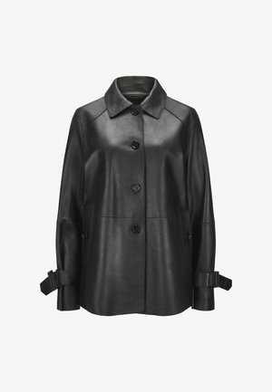 Black leather jacket with a collared neck, five buttons down the front, and side pockets. Features adjustable cuffs with ties.