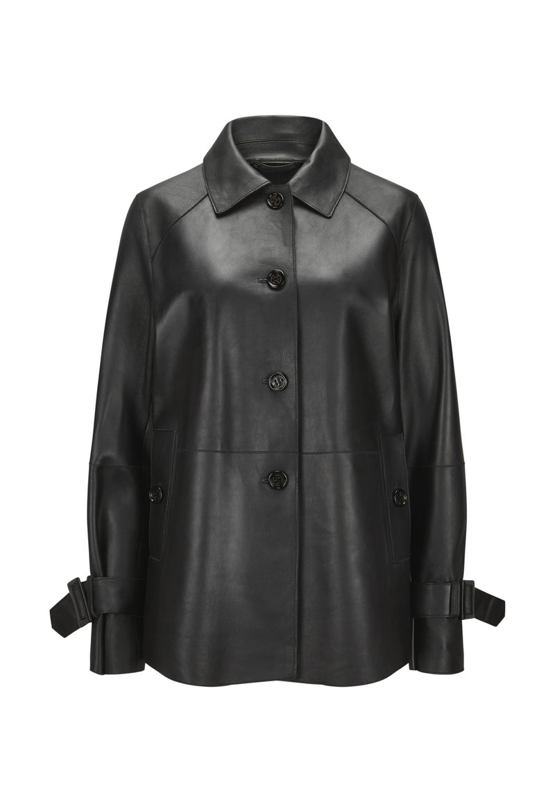 Schwarze Lederjacke mit Kragen, fünf Knöpfen auf der Vorderseite und seitlichen Taschen. Enthält verstellbare Manschetten mit Bindebändern.